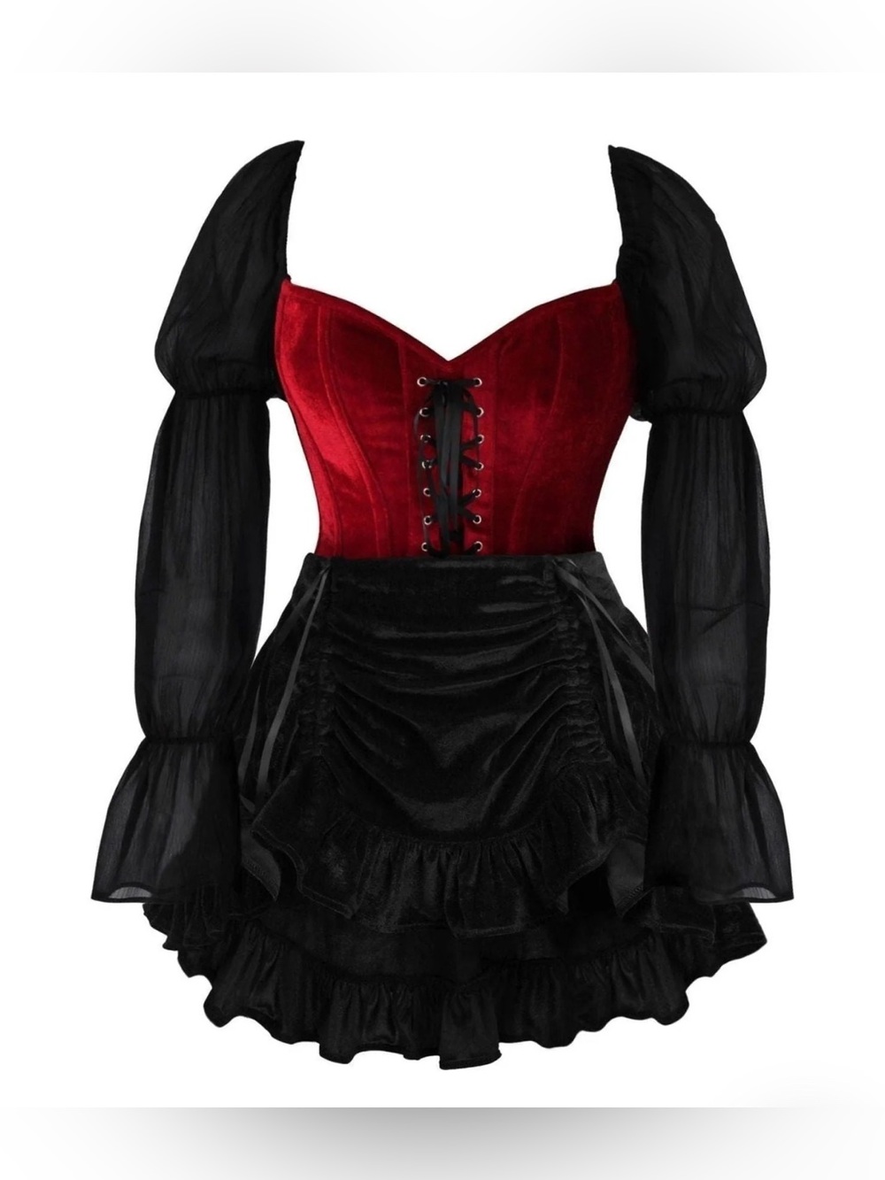 Top Drawer 2 PC Velvet Steel Boned Corset w/Sleeves & Skirt set / costume